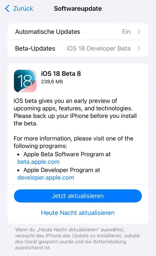 开化苹果手机维修分享苹果 iOS / iPadOS 18 开发者预览版 Beta 8 发布 